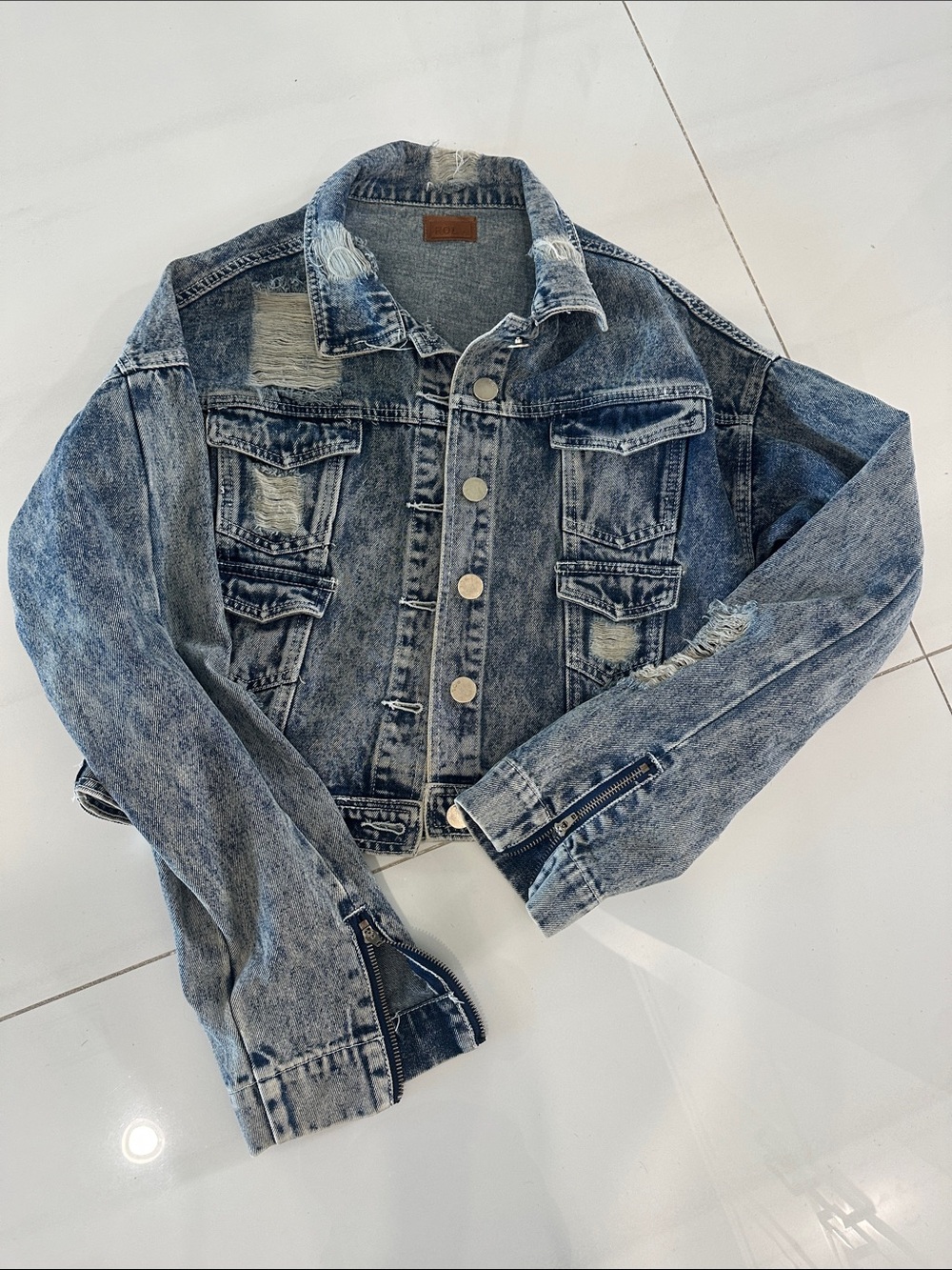 Blue Distressed Denim Cropped Jacket